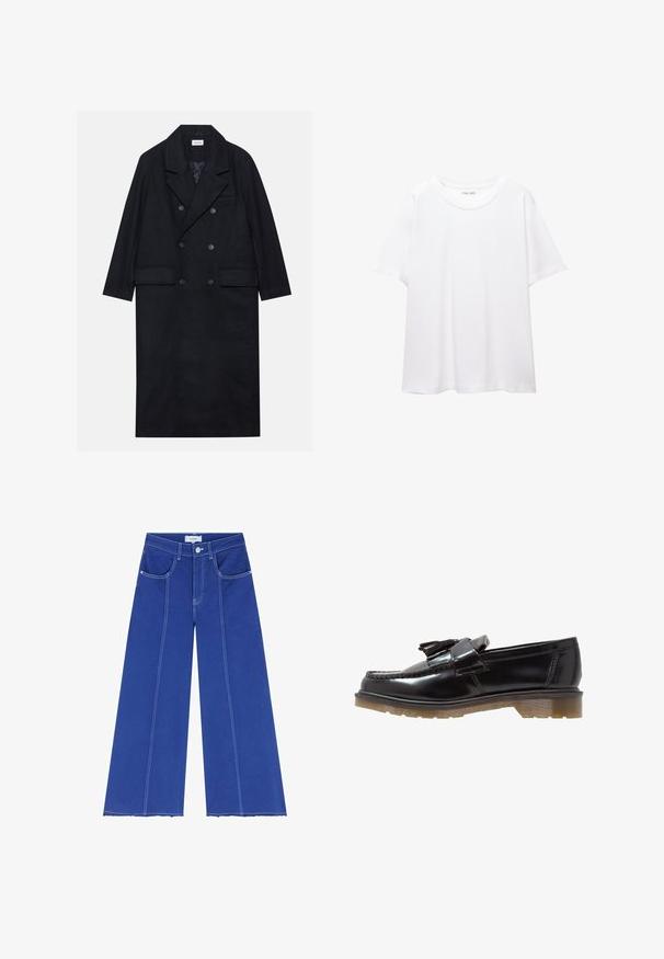 Cappotto doppiopetto nero realizzato in tessuto testurizzato, con ampio revers, due tasche frontali e bottoni scuri. Silhouette lunga e dritta.; T-shirt bianco semplice realizzato in cotone, con scollatura rotonda, maniche corte e vestibilità morbida. Texture liscia senza motivi o accenti.; Scalpers STITCHING - Jeans a zampa - blue; Mocassini in vernice nera con un design intrecciato, dettaglio a nappina e una suola in gomma spessa e testurizzata. La vista laterale mette in evidenza la silhouette elegante.