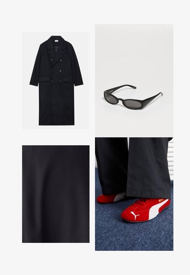 Doppelreihiger schwarzer Mantel aus strukturiertem Stoff, mit breitem Revers, zwei vorderen Taschen und dunklen Knöpfen. Langer, gerader Schnitt.; Weißes geripptes Tanktop mit einem schwarzen gestickten Logo, das zentral auf der Brust platziert ist. Der Halsausschnitt und die Armausschnitte sind mit einer dezenten Einfassung versehen.; Schwarzer Stoff mit einer glatten, matten Textur. Die Oberfläche hat einen leichten Glanz, der die feine Webart zur Geltung bringt, ohne sichtbare Muster oder Akzente.; Rote Wildledersneaker mit weißen Akzenten, aus strukturiertem Material, mit runder Zehenpartie und einem goldenen Logo an der Seite, getragen mit schwarzen Hosen.; Henrik Vibskov MEGAN SUNGLASSES UNISEX - Sonnenbrille - black; Schwarze Lederhandtasche mit strukturiertem Design, einem Oberhandgriff und einem goldfarbenen Verschluss. Verfügt über eine strukturierte Oberfläche mit geprägt Logo.