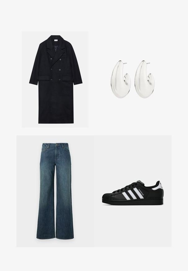 Črni dvoredni plašč iz teksturiranega materiala, ki vključuje široke reverje, žep na sprednji strani ter temne gumbke. Dolga, ravna silhueta.; Bela bombažna majica, okrogli ovratnik, kratki rokavi, nekoliko ohlapen kroj, gladka tekstura, dvojni paket, minimalističen dizajn.; Široke jeans hlače v temno modrem denimu z zbledelim pranjem. Imajo pet žepov, zanke za pas in zadrgo s gumbom za zapiranje.; Črne superge Adidas Superstar z belimi črtami, zaščitnim pokrovom na prstih in napisom "Superstar" na strani, prikazane v bočnem profilu na beli podlagi.; Srebrnasti uhani z podolgovatim, ukrivljenim dizajnom. Gladka, odbojnika površina s preluknjano zatičem.