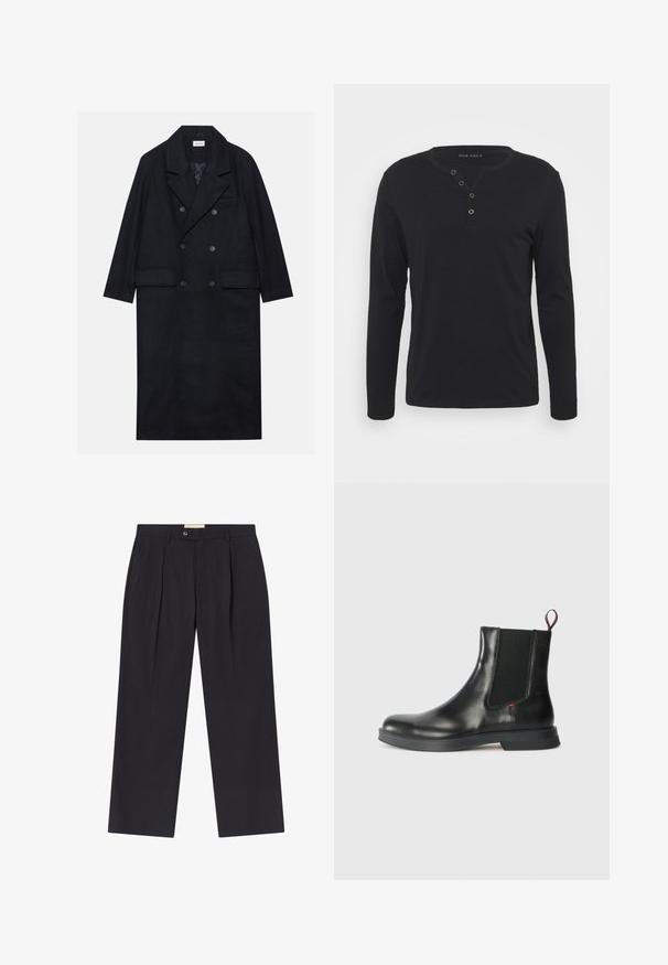 Abrigo negro de doble botonadura hecho de tejido texturizado, con solapa ancha, dos bolsillos frontales y botones oscuros. Silueta larga y recta.; Camisa henley negra de manga larga, hecha de un tejido suave, con una placket de botones, cuello redondo y mangas ajustadas.; Pantalones oscuros de navy ajustados con cintura alta, dos pliegues frontales, cierre de botón y piernas rectas en una tela suave.; Botín Chelsea de cuero negro con un acabado suave, paneles laterales elásticos, tirador y una gruesa suela de goma para tracción y durabilidad.