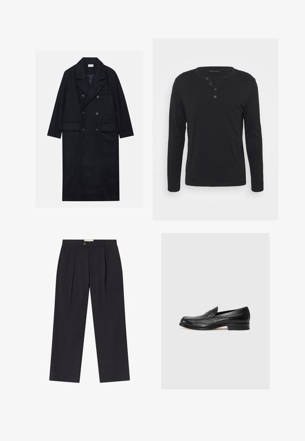 Casaco preto de dupla face feito de tecido texturizado, com lapela larga, dois bolsos frontais e botões escuros. Silhueta longa e reta.; Camisola henley de manga longa preta, feita de um tecido macio, com um fecho de botões, decote redondo e mangas ajustadas.; Calças escuras de marinho sob medida, com uma cintura alta, duas pregas frontais, fecho de botão e pernas retas em tecido suave.; Sapata loafers pretas em couro, com bico arredondado, costura em contraste e salto baixo, apresentando uma tira decorativa na parte da frente. Textura suave.