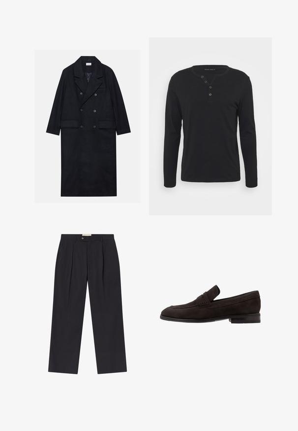 Casaco preto de dupla face feito de tecido texturizado, com lapela larga, dois bolsos frontais e botões escuros. Silhueta longa e reta.; Camisola henley de manga longa preta, feita de um tecido macio, com um fecho de botões, decote redondo e mangas ajustadas.; Calças escuras de marinho sob medida, com uma cintura alta, duas pregas frontais, fecho de botão e pernas retas em tecido suave.; Sofás em camurça castanho-escuro com sola plana, um detalhe cosido ao longo da borda e uma pequena faixa elevada na parte da frente.