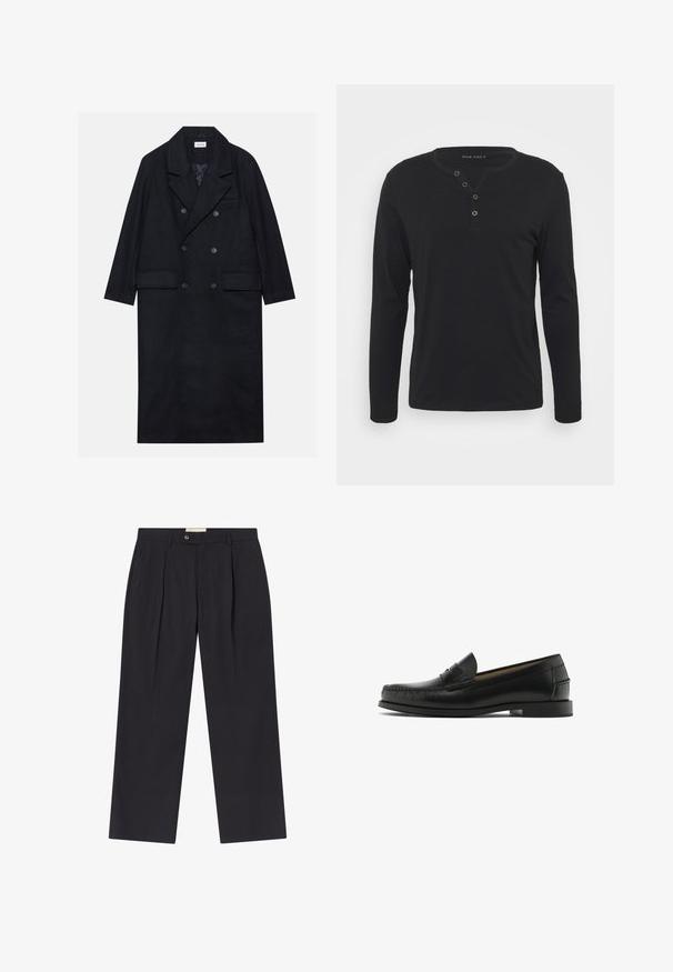 Dvouřadový černý kabát vyrobený z texturované tkaniny, s širokým límcem, dvěma předními kapsami a tmavými knoflíky. Dlouhá, rovná silueta.; Černá dlouhá halenka s rukávy typu henley vyrobená z měkké tkaniny, s knoflíkovou légou, kulatým výstřihem a obtáhlými rukávy.; Upravené tmavě námořnické kalhoty s vysokým pasem, dvěma předními záhyby, zapínáním na knoflík a rovnými nohavicemi z hladkého materiálu.; Černé kožené mokasíny s prošívaným detailem, kulatou špičkou a malým blokovým podpatkem. Hladká textura s minimalistickým designem a styl slip-on.