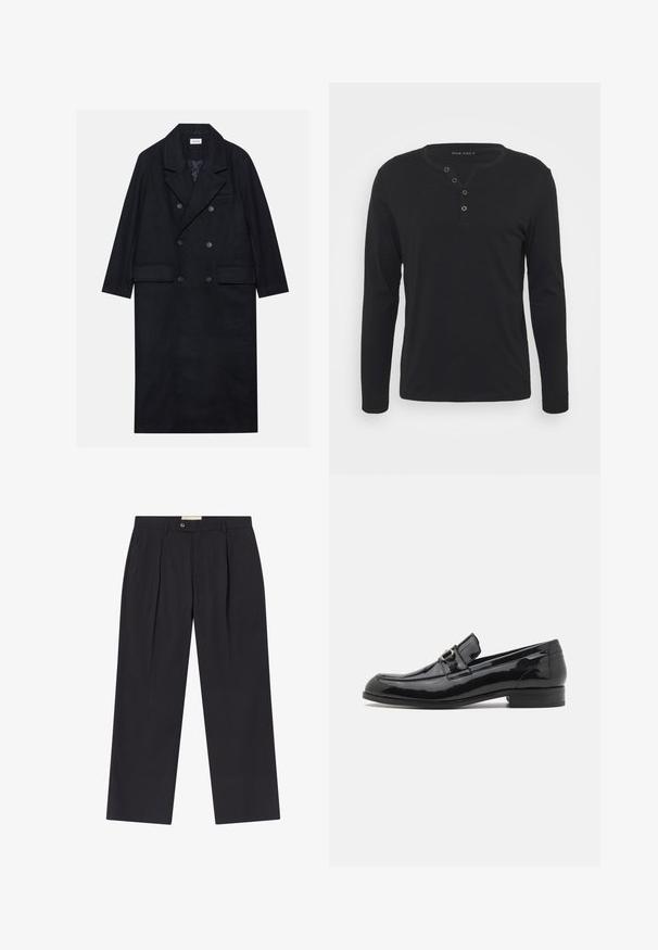 Dvojradový čierny kabát vyrobený z textúrovanej látky, s širokým klopom, dvoma prednými vreckami a tmavými gombíkmi. Dlhý, rovný silueta.; Čierna dlhá rukávová henley košeľa vyrobená z mäkkého materiálu, so zapínaním na gombíky, okrúhlym výstrihom a prispôsobenými rukávmi.; Prispôsobené tmavomodré nohavice s vysokým pásom, dvoma prednými záhybmi, gombíkovým zapínaním a rovnými nohavicami z hladkej látky.; Čierne lakované kožené mokasíny s okrúhlym špičkou, dekoratívnym prackovým detailom a nízkym, pevným podpätkom. Hladká štruktúra a lesklý povrch.