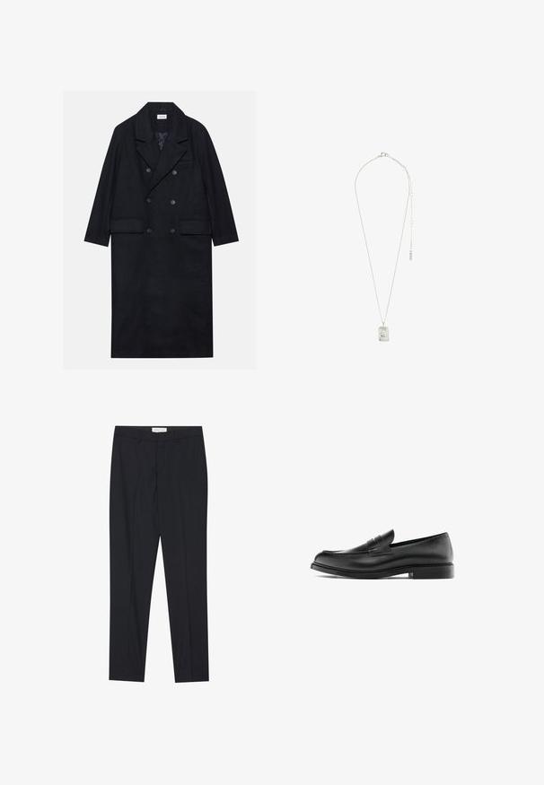 Dvouřadový černý kabát vyrobený z texturované tkaniny, s širokým límcem, dvěma předními kapsami a tmavými knoflíky. Dlouhá, rovná silueta.; Černá dlouhá halenka s rukávy typu henley vyrobená z měkké tkaniny, s knoflíkovou légou, kulatým výstřihem a obtáhlými rukávy.; Černé saka s plochým předním dílem, klasického střihu, vyrobené z hladké látky, s přitlačenými sklady a bočními kapsami.; Černé kožené penny loafers s nízkým podpatkem, zaoblenou špičkou a prošíváním podél svršku, zobrazené v bočním profilu na bílém pozadí.; Stříbrný náhrdelník s obdélníkovým přívěskem se složitým designem, jemným řetízkem a nastavitelným zapínáním pro úpravu délky.