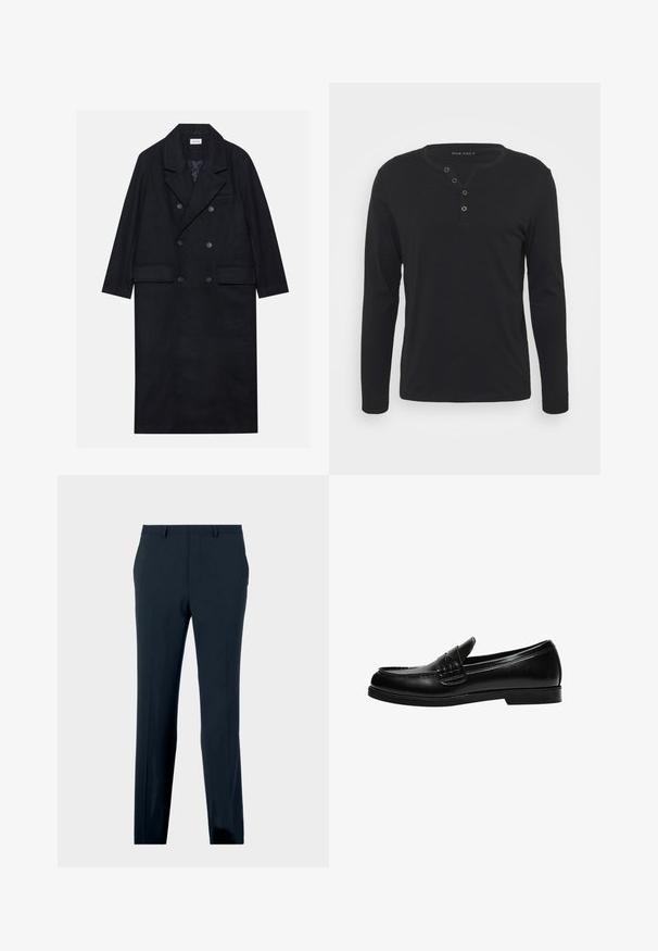 Kétgombos fekete kabát texturált anyagból, széles hajtókával, két elülső zsebbels és sötét gombokkal. Hosszú, egyenes sziluett.; Fekete, hosszú ujjú henley póló, puha anyagból készült, gombos kivágással, kerek nyakkivágással és szűkített ujjakkal.; Sötétkék elegáns nadrág övhurkokkal, első zsebekkel és egyenes szárvágással, sima háttéren bemutatva.; Fekete bőr loafer sima felülettel, a vamp-on varrási részlettel és alacsony, szilárd fekete gumitalppal.