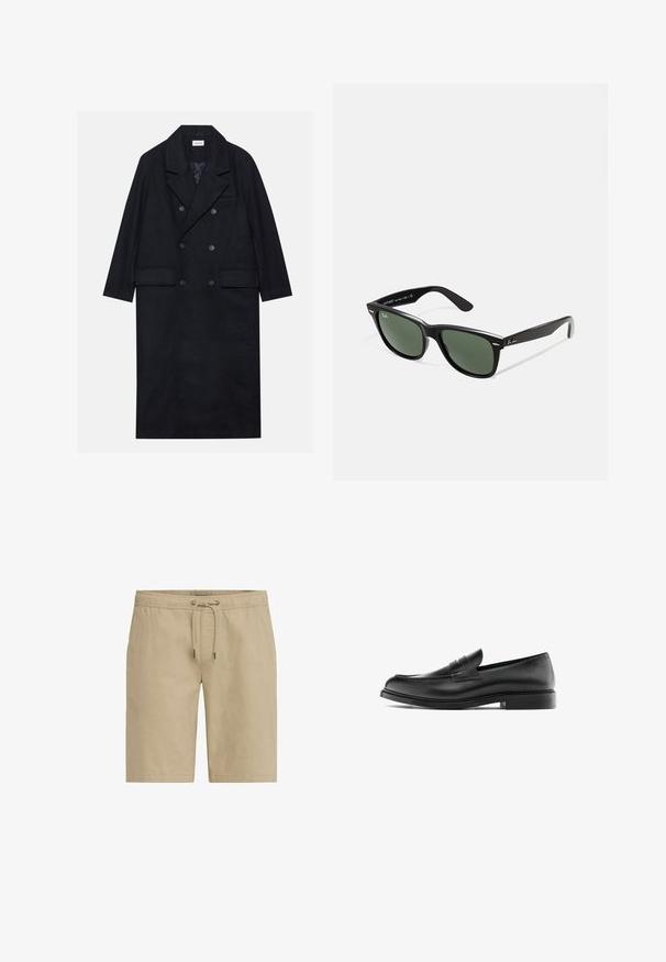 Dwurzędowy czarny płaszcz wykonany z teksturowanej tkaniny, z szerokim kołnierzem, dwiema przednimi kieszeniami i ciemnymi guzikami. Długi, prosty fason.; Czarna, długosleeveowa koszula henley wykonana z miękkiego materiału, z zapięciem na guziki, okrągłym dekoltem i dopasowanymi rękawami.; Beżowe szorty wykonane z miękkiego materiału, z elastycznym paskiem w talii i sznurkiem do regulacji oraz kieszeniami po bokach, zaprojektowane w prostym kroju.; Czarne skórzane półbuty typu penny z niskim obcasem, zaokrąglonym noskiem oraz przeszyciem wzdłuż cholewki, przedstawione w profilu bocznym na białym tle.; Czarne plastikowe okulary przeciwsłoneczne z zielonymi szkłami, kwadratowe oprawki, srebrny akcent na brwi oraz fakturowane ramiona temple. Nazwa marki podana na wewnętrznej stronie ramion.