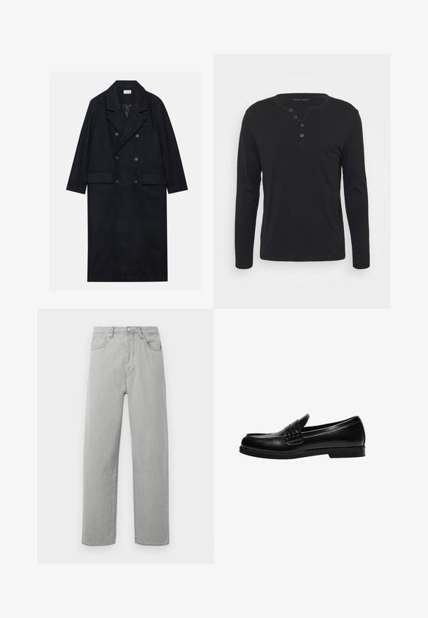 Dvouřadový černý kabát vyrobený z texturované tkaniny, s širokým límcem, dvěma předními kapsami a tmavými knoflíky. Dlouhá, rovná silueta.; Černá dlouhá halenka s rukávy typu henley vyrobená z měkké tkaniny, s knoflíkovou légou, kulatým výstřihem a obtáhlými rukávy.; Světlé šedé džíny rovného střihu s pěti kapsami, zipovým zapínáním a knoflíkovým uzávěrem, vystavené na bílém pozadí.; Černé kožené mokasíny s hladkým povrchem, které mají prošívání na nártu a nízkou, jednolitou černou gumovou podrážku.