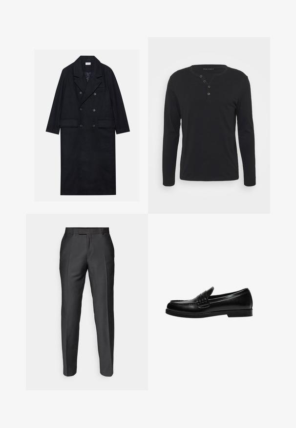 Doppelreihiger schwarzer Mantel aus strukturiertem Stoff, mit breitem Revers, zwei vorderen Taschen und dunklen Knöpfen. Langer, gerader Schnitt.; Schwarzes Langarm-Henley-Shirt aus weichem Stoff, mit knöpfbarer Leiste, rundem Ausschnitt und enganliegenden Ärmeln.; Maßgeschneiderte Hosen aus dunklem grauem Stoff. Mit schlankem Schnitt, flachem Bund und Gürtelschlaufen. Geschmeidige Textur mit dezentem Glanz.; Schwarze Lederloafer mit glatter Oberfläche, ausgestattet mit einer Nahtverzierung an der Vorderkappe und einer niedrigen, durchgehenden Gummisohle in Schwarz.
