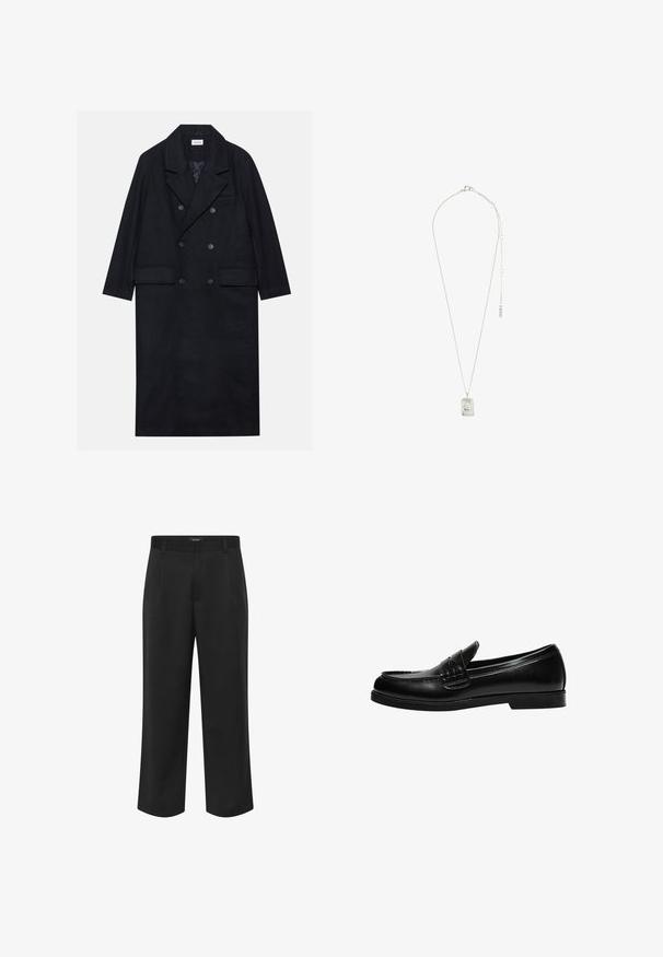 Dubbelgeknoopt zwart jasje gemaakt van gestructureerde stof, met een brede revers, twee opgestikte zakken aan de voorkant en donkere knopen. Lange, rechte uitstraling.; Zwart lange mouwen henley shirt van zachte stof, met een knoopsluiting, ronde halslijn en aansluitende mouwen.; Zwarte broek van geweven stof, met een rechte pijp, zijzakken en een gladde textuur. Geschikt voor formele of casual gelegenheden.; Zwarte leren loafers met een gladde afwerking, voorzien van stiksel op de voorkant en een lage, stevige zwarte rubberen zool.; Zilveren ketting met een rechthoekige hanger met ingewikkeld ontwerp, een fijne ketting en een verstelbare sluiting voor lengteaanpassing.