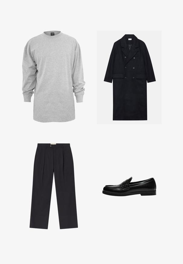 Dugi crni kaput s dvostrukim kopčanjem, izrađen od teksturirane tkanine, s širokim reverima, dva prednja džepa i tamnim dugmadi. Duga, ravna silueta.; Svijetlosiva majica dugih rukava od mješavine pamuka. Ima okrugli izrez i širok kroj s rebrastim manžetama, bez uzoraka ili ukrasa.; Prilagođene tamnoplave hlače s visokim strukom, dva prednja nabora, kopčanje na dugme i ravne nogavice od glatkog materijala.; Crna kožna loafer cipela s glatkom površinom, koja ima šavnu obradu na gornjem dijelu i nisku, čvrstu crnu gumenu podlogu.