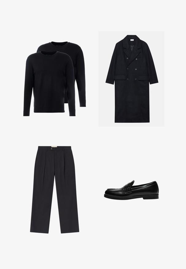 Dvouřadový černý kabát vyrobený z texturované tkaniny, s širokým límcem, dvěma předními kapsami a tmavými knoflíky. Dlouhá, rovná silueta.; Černé dlouhé rukávy trička vyrobené z měkké bavlny. Kulatý výstřih, minimalistický design a klasický střih. Dvě trička v balení.; Upravené tmavě námořnické kalhoty s vysokým pasem, dvěma předními záhyby, zapínáním na knoflík a rovnými nohavicemi z hladkého materiálu.; Černé kožené mokasíny s hladkým povrchem, které mají prošívání na nártu a nízkou, jednolitou černou gumovou podrážku.