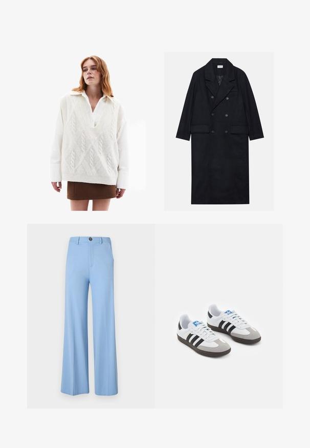 Dwurzędowy czarny płaszcz wykonany z teksturowanej tkaniny, z szerokim kołnierzem, dwiema przednimi kieszeniami i ciemnymi guzikami. Długi, prosty fason.; Przesadnie duży biały sweter dziany z wzorem w warkocz, nałożony na białą koszulę, w komplecie z brązową mini spódnicą i czarnymi kozakiem na wysokim obcasie do kolan.; Jasnoniebieskie spodnie o szerokich nogawkach wykonane z gładkiego materiału, z zapięciem na guziki i przednimi kieszeniami. Czysty, dopasowany krój bez wzorów.; Buty sportowe z białą skórzaną cholewką, szarym zamszowym noskiem i trzema czarnymi paskami. Posiadają niebieskie logo na języku oraz teksturowaną gumową podeszwę.