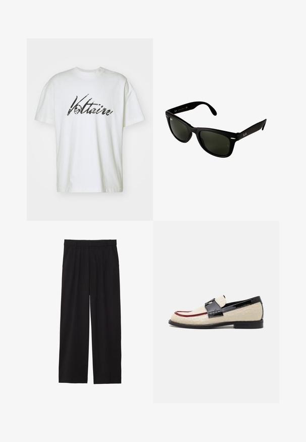 Abrigo negro de doble botonadura hecho de tejido texturizado, con solapa ancha, dos bolsillos frontales y botones oscuros. Silueta larga y recta.; Camiseta de algodón blanca con mangas cortas y un corte holgado, que presenta una impresión gráfica negra de "Voltaire" y un diseño de calavera.; Pantalones de pierna ancha negros con frente plisado, bolsillos laterales y una textura de tela suave. Diseñados para un ajuste relajado.; Mocasines beige con patrón grabado, franja de acento roja y tacón negro brillante. Cuenta con una correa con detalle de hebilla. Suela plana negra.; Gafas de sol de plástico negro con lentes de color verde oscuro. El diseño de la montura cuadrada presenta acentos plateados y un logotipo embellecido en la patilla.