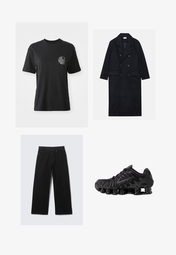 Dviejų eilių juodas paltas, pagamintas iš tekstūruoto audinio, su plačiais atvartais, dviem priekinėmis kišenėmis ir tamsiais mygtukais. Ilgas, tiesus siluetas.; Juodas medvilninis T-shirt su apykakle ir trumpomis rankovėmis, su tekstūruota grafiką spiralinio dizaino kairėje krūtinės kišenės vietoje.; Juodi plačiakelniai džinsai su klasikinio penkių kišenių dizainu ir struktūruotu juosmeniu su diržo kilpomis.; Juodas sportinis batai su tinklinėmis viršutinėmis dalimis ir blizgiomis detalėmis. Yra kreivai suformuota spyruoklinė amortizacija ir tekstūruoti brūkšniai šone. Matomas Nike logotipas.