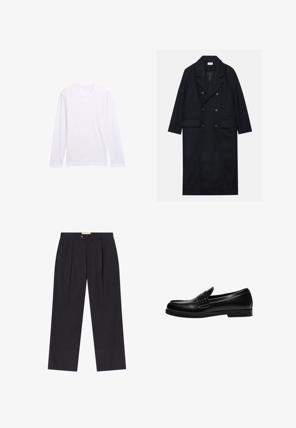 Kétgombos fekete kabát texturált anyagból, széles hajtókával, két elülső zsebbels és sötét gombokkal. Hosszú, egyenes sziluett.; Fehér, hosszú ujjú póló, kerek nyakkal, puha pamut anyagból készült, egyszerű, díszítés nélküli dizájnnal. Nincsenek látható logók vagy minták.; Személyre szabott, sötét tengerészkék nadrág, magas derékkal, két elülső pliszével, gombos záródással és egyenes lábakkal, sima anyagból.; Fekete bőr loafer sima felülettel, a vamp-on varrási részlettel és alacsony, szilárd fekete gumitalppal.