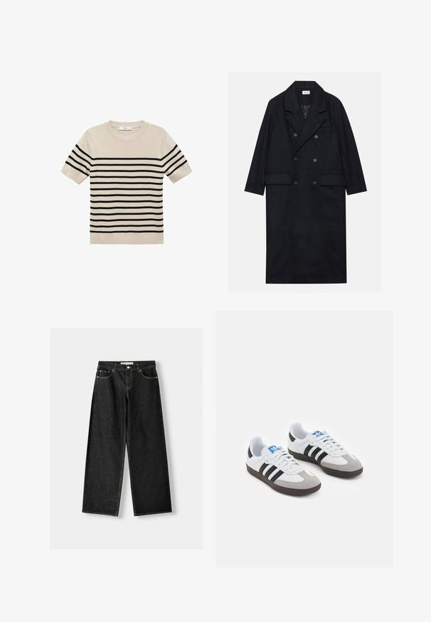 Double-breasted black coat made from textured fabric, featuring a wide lapel, two front pockets, and dark buttons. Long, straight silhouette.; Beige short-sleeve sweater with black horizontal stripes. Rounded neckline, knit texture, and ribbed hem. Simple, classic design.; Black denim wide-leg jeans featuring five pockets, metal button and zipper closure, and contrasting yellow stitching along the seams.; Sport shoes with a white leather upper, gray suede toe, and three black stripes. Features a blue logo on the tongue and a textured rubber sole.