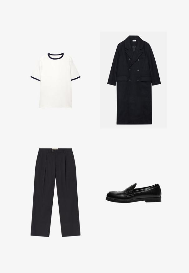 Dvojradový čierny kabát vyrobený z textúrovanej látky, s širokým klopom, dvoma prednými vreckami a tmavými gombíkmi. Dlhý, rovný silueta.; Biela tričko s okrúhlym námorníckym golierom a námorníckymi akcentmi na krátkych rukávoch; vyrobené z mäkkej, hladkej tkaniny s voľným strihom.; Prispôsobené tmavomodré nohavice s vysokým pásom, dvoma prednými záhybmi, gombíkovým zapínaním a rovnými nohavicami z hladkej látky.; Čierne kožené loafers s hladkým povrchom, so šitím na priehlavku a nízkou, pevnú čiernu gumovú podrážku.
