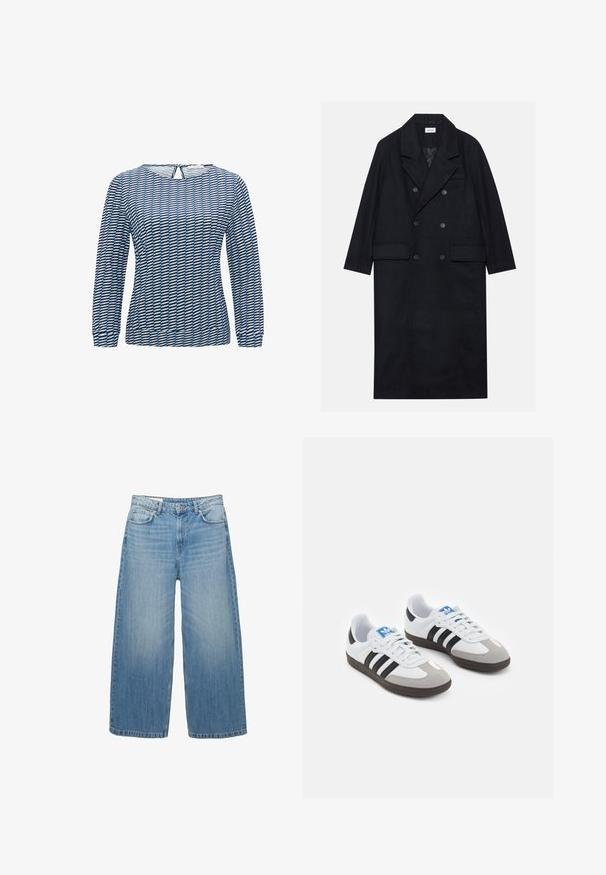 Doppelreihiger schwarzer Mantel aus strukturiertem Stoff, mit breitem Revers, zwei vorderen Taschen und dunklen Knöpfen. Langer, gerader Schnitt.; Langarmshirt mit geometrischem Muster in Blau und Schwarz. Hergestellt aus leichtem Stoff mit Rundhalsausschnitt und einem Schlüsselrücken-Detail.; Hellblaue weite Jeans aus Denim, mit einem klassischen Fünf-Taschen-Design und einem Knopfverschluss. Im ganzen Stoff mit einem verwaschenen Look.; Sportschuhe mit einem Obermaterial aus weißem Leder, grauer Wildleder-Zehenkappe und drei schwarzen Streifen. Sie verfügen über ein blaues Logo auf der Zunge und eine strukturierte Gummisohle.