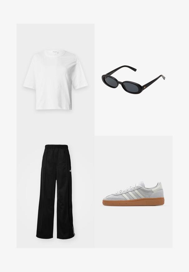 Dobbeltbrystet sort frakke lavet af struktureret stof, med bred krave, to forlommer og mørke knapper. Lang, lige silhuet.; Hvid cropped t-shirt lavet af blødt stof med korte ærmer, rund halsudskæring og bølgede syninger for tekstur.; Sorte brede træningsbukser med elastisk talje, prydet med hvide side-striber og et lille logo på venstre hofte. Glat stofstruktur.; Lys grå ruskinds sneaker med hvide læderdetaljer, tre hvide striber og en brun gummisål, der har en polstret krave for komfort.; Store store