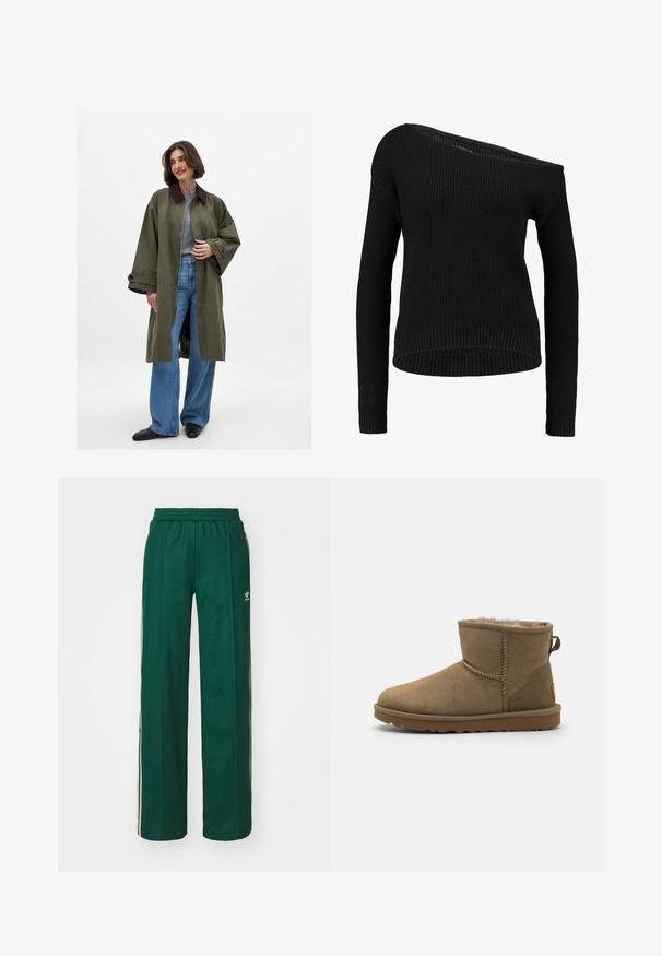 Olivengrüner, oversized Mantel mit braunem Kragen, aus glattem Material gefertigt. Lange Ärmeln, offene Front, getragen über einem grauen Oberteil und blauen, weiten Jeans.; Schwarzer Strickpullover mit asymmetrischem Ausschnitt, langen Ärmeln und geripptem Textil mit lockerer Passform und Saum.; Dunkelgrüne Sporthose mit lockerer Passform, ausgestattet mit einem Kordelzugbund, Seitentaschen und cremefarbenen Streifen an den Seiten.; Braune Wildleder-Ankle-Boots mit einem weichen, flauschigen Futter, runder Zehe und einer Schleifenakzent am Rücken. Flache Gummisohle mit strukturiertem Griff.