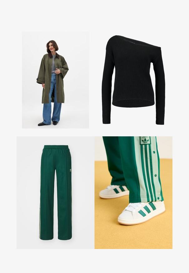 Olive roheline suur mantel pruunide kraega, valmistatud siledast kangast. Pikad varrukad, avatud esiosa, kantud halli tipuga ja siniste laia jalaga teksadega.; Must mustreeritud must särk, millel on asümmeetriline kaelus, pikad varrukad ja ribakujuline tekstuur. Särk on mugava lõikega ja soodsa äärega.; Tumed roheline sportlikud püksid, mis on lõdvema lõikega, koos paelaga vöökohas, küljetaskute ja kreemjate triipudega külgedel.; Valged tennises jalatsid roheliste triipude, kummitalde ja tekstuurse ülemise osaga, koos roheliste treeningpükstega, millel on heledate roheliste külgtriipude ja nöppudega ääris.