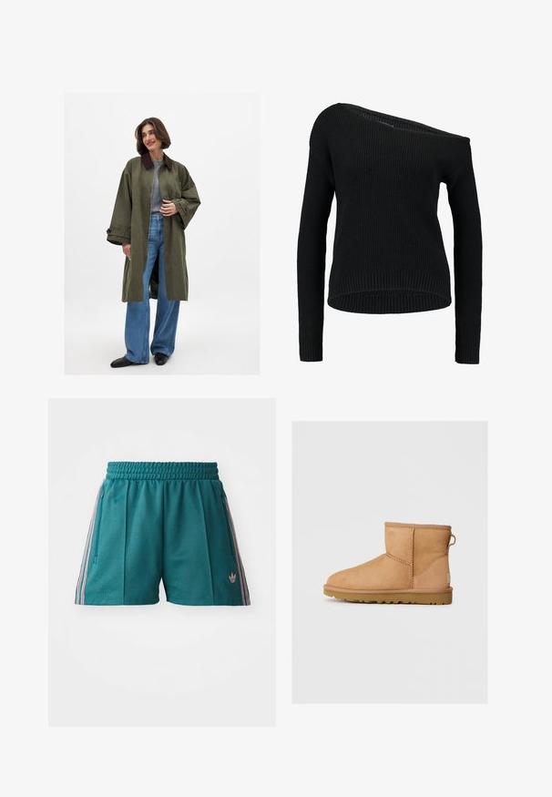 Olivza zaļš pārmērīgs mētelis ar brūnu apkakli, izgatavots no gludas auduma. Garas piedurknes, atvērta priekšpuse, nēsāts virs pelēka topa un ziliem plašiem biksēm.; Melna adīta džemperis ar asimetrisku apkakli, garām piedurknēm un ribotu faktūru, ar brīvu siluetu un apakšmalu.; Tirkīza sporta šorti ar elastīgu jostasvietu, ar rozā un baltu svītru akcentiem sānos un ar rāvējslēdzēja kabatām. Logo uz apakšmalas.; Tan zābaki līdz potītei ar apaļu purngalu, ar izšūtiem rakstiem, ar cilpu aizmugurē un strukturētu gumijas zoli. Izstrādāti komfortam un siltumam.