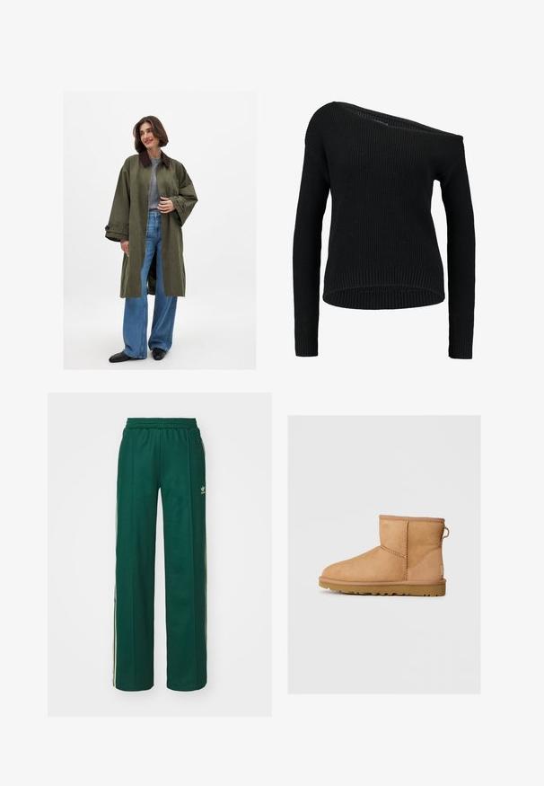 Olivza zaļš pārmērīgs mētelis ar brūnu apkakli, izgatavots no gludas auduma. Garas piedurknes, atvērta priekšpuse, nēsāts virs pelēka topa un ziliem plašiem biksēm.; Melna adīta džemperis ar asimetrisku apkakli, garām piedurknēm un ribotu faktūru, ar brīvu siluetu un apakšmalu.; Tumši zaļi sporta bikses ar brīvu piegriezumu, kurām ir elektrība josta, sānu kabatas un krēmkrāsas svītras gar sāniem.; Tan zābaki līdz potītei ar apaļu purngalu, ar izšūtiem rakstiem, ar cilpu aizmugurē un strukturētu gumijas zoli. Izstrādāti komfortam un siltumam.