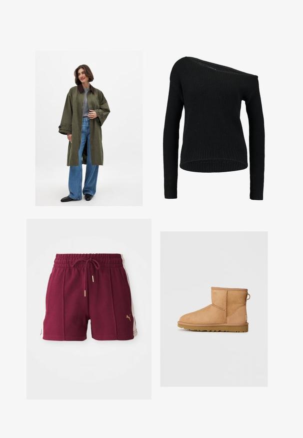 Olivengrüner, oversized Mantel mit braunem Kragen, aus glattem Material gefertigt. Lange Ärmeln, offene Front, getragen über einem grauen Oberteil und blauen, weiten Jeans.; Schwarzer Strickpullover mit asymmetrischem Ausschnitt, langen Ärmeln und geripptem Textil mit lockerer Passform und Saum.; Bordeauxfarbene Sportshorts aus einem strukturierten Stoff, mit elastischem Bund, Kordelzug und cremefarbenen Seiteneinsätzen, die mit einem goldenen Logodetail versehen sind.; Hellbraune Wildleder-Stiefeletten mit runder Zehenpartie, genähten Details, Ziehschlaufe an der Rückseite und einer strukturierten Gummisohle. Entwickelt für Komfort und Wärme.