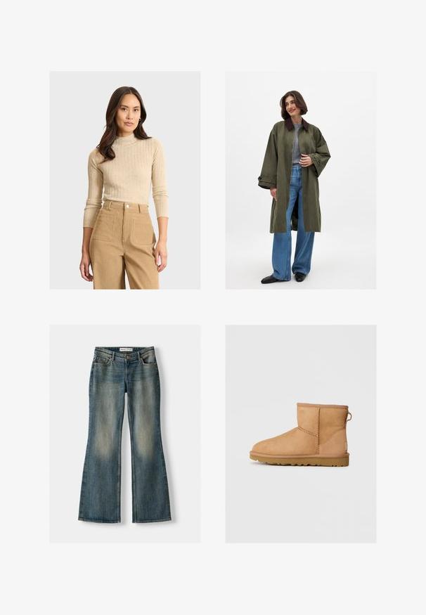 Olivengrüner, oversized Mantel mit braunem Kragen, aus glattem Material gefertigt. Lange Ärmeln, offene Front, getragen über einem grauen Oberteil und blauen, weiten Jeans.; Beige gestreifter Rollkragenpullover mit Dreiviertelärmeln und taillierter Silhouette, kombiniert mit hellbraunen Cordhose mit hoher Taille und Taschen.; Blaue Schlagjeans mit einem ausgewaschenen Look, fünf Taschen und einem Knopfverschluss. Das Material zeigt eine Denim-Textur mit dezenten Stickdetails.; Hellbraune Wildleder-Stiefeletten mit runder Zehenpartie, genähten Details, Ziehschlaufe an der Rückseite und einer strukturierten Gummisohle. Entwickelt für Komfort und Wärme.