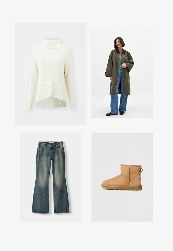 Cappotto oversize verde oliva con colletto marrone, realizzato in un tessuto liscio. Maniche lunghe, apertura frontale, indossato sopra un top grigio e jeans a gamba larga blu.; ONLY ONLKATIA SADDLE ROLL NECK - Maglione - whitecap gray melange; Camicia bianca a maniche lunghe in cotone liscio, con colletto classico e un logo discreto sul petto. Presenta una chiusura frontale con bottoni.; Jeans flare blu con lavaggio sbiadito, cinque tasche e chiusura con bottone. Il materiale presenta una trama in denim con dettagli di cucitura sottili.; Stivali ankle in suede color tan con punta tonda, dettagli cuciti, linguetta sul retro e suola in gomma texture. Progettati per comfort e calore.