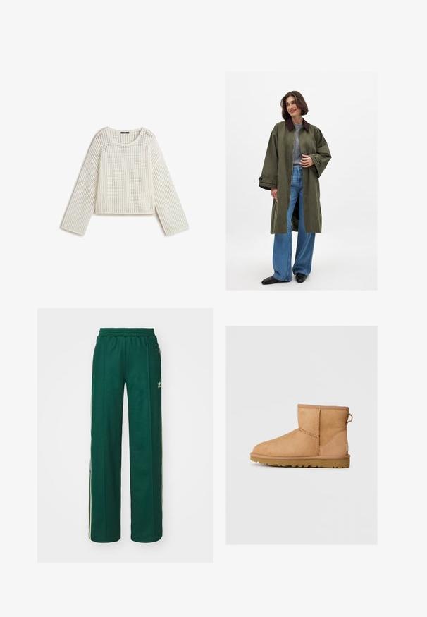Oliven grøn oversized frakke med brun krave, lavet af et glat stof. Lange ærmer, åben front, båret over en grå top og blå brede bukser.; Hvid strikket sweater med en løs pasform, der har et åbent vævemønster, rund halsudskæring og lange ærmer. Teksturen fremstår letvægts og åndbar.; Mørkegrønne træningsbukser med en afslappet pasform, der har snor i taljen, sidelommer og cremefarvede striber langs siderne.; Brune suede ankelstøvle med rund tå, stikninger, en pull tab bagpå og en tekstureret gummisål. Designet til komfort og varme.