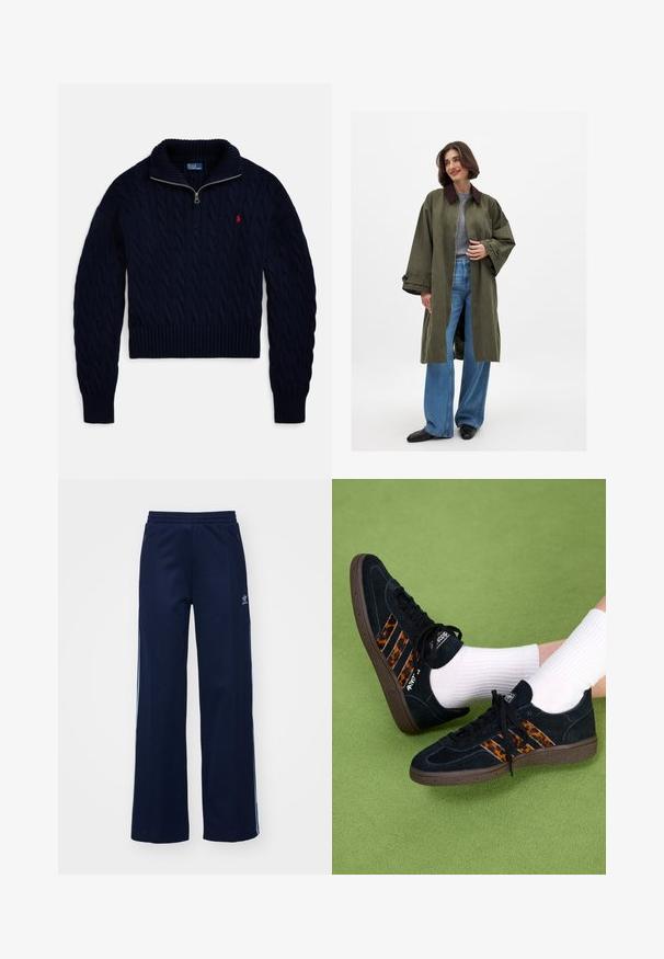 Olivza zaļš pārmērīgs mētelis ar brūnu apkakli, izgatavots no gludas auduma. Garas piedurknes, atvērta priekšpuse, nēsāts virs pelēka topa un ziliem plašiem biksēm.; Tumši zils adīts džemperis ar puszipa apkakli un sarkanu izšūtu logo uz kreisās krūtis.; Tumši zili kokvilnas maisījuma treniņbikses ar plata kāju dizainu, elastīgu jostasvietu un rāvējslēdzēja kabatām, ar baltām sānu svītrām un logo detaļu.; Melnas zamša kedas ar leopardu raksta trim joslām un brūniem gumijas zolēm. Valkātas ar baltām ribotām zeķēm uz zaļas virsmas.