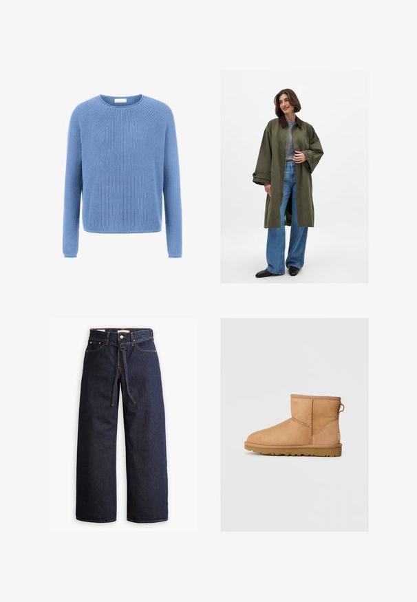 Cappotto oversize verde oliva con colletto marrone, realizzato in un tessuto liscio. Maniche lunghe, apertura frontale, indossato sopra un top grigio e jeans a gamba larga blu.; Maglione blu lavorato a maglia con scollo rotondo, maniche lunghe e texture a coste. Presenta una vestibilità rilassata e sottili dettagli di cucitura sulla parte anteriore.; Jeans in denim scuro a gamba larga con vita alta, dotati di un laccio, cinque tasche e dettagli di cucitura a contrasto.; Stivali ankle in suede color tan con punta tonda, dettagli cuciti, linguetta sul retro e suola in gomma texture. Progettati per comfort e calore.