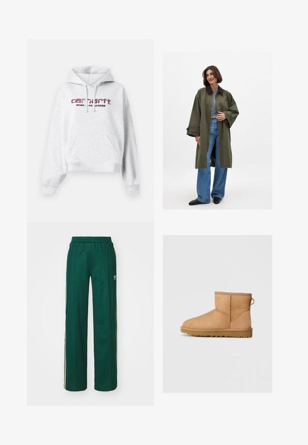 Alyvuogių spalvos per didelis paltas su rudais atlapais, pagamintas iš lygaus audinio. Ilgos rankovės, atviras priekinis uždarymas, dėvimas ant pilkos viršutinės dalies ir mėlynų plačių kelnių.; Pilkas džemperis su vilnos audiniu, turi kengūros kišenę, reguliuojamą gaubtą ir rožinį siuvinėtą "carhartt" logotipą su užrašu "DARBO PROCESAS".; Tamsiai žali sportiniai kelnių su laisvu siluetu, su reguliuojamu juosmeniu, šoninėmis kišenėmis ir grietinėlės spalvos juostomis šonuose.; Tan suede aulinukai iki kulkšnies su apvaliu nosiu, siuvinėtomis detalėmis, užtraukiamu lipduku gale ir tekstūruotu guminėmis padais. Sukurta komfortui ir šilumai.