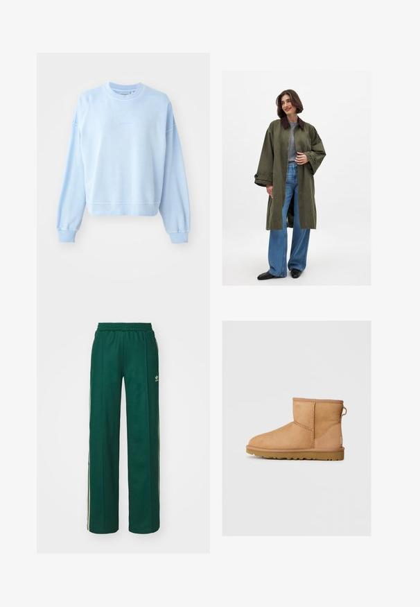 Olivovo zelený prešívaný kabát s hnedým golierom, vyrobený z hladkej látky. Dlhé rukávy, otvorený predný diel, nosený cez šedý top a modré široké nohavice.; Svetlo modrý mikina vyrobená z jemného bavlneného materiálu. Obsahuje okrúhly výstrih, spustené ramená a rebrované manžety a lem s jemným brandingom.; Tmavohnedé športové nohavice s voľným strihom, s nastaviteľným pásom na šnúrku, postrannými vreckami a smotanovými pruhmi po stranách.; Svetlohnedé semišové členkové topánky s okrúhlou špičkou, prešívaním, pútkom na zadnej strane a textúrovanou gumovou podrážkou. Navrhnuté pre pohodlie a teplo.