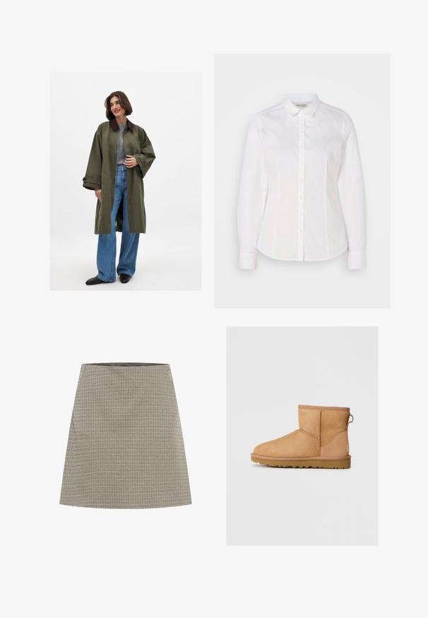 Olivno zelena prevelika plašč s svetlo rjavim ovratnikom, izdelan iz gladkega materiala. Dolgi rokavi, odprta sprednja stran, nošen čez sivo majico in široke modre kavbojke.; Bela srajca s gumbki, izdelana iz gladkega bombaža, z klasikastim ovratnikom, dolgimi rokavi in diskretno logotipom na prsih. Ima sprednje zapiranje z gumbi.; A-linijska krilna obleka v sivi barvi z majhnim karirastim vzorcem. Ima gladko teksturo in čist pas. Pada nad koleno.; Rjav nubuk čevlj z gležnjem s okroglo konico, šivanjem, zanko za pomoč pri oblačenju na hrbtni strani in teksturiranim gumijastim podplatom. Zasnovan za udobje in toplino.