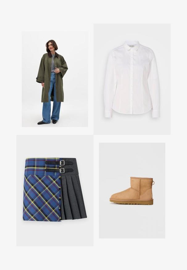 Olive green oversized coat with brown collar, made of a smooth fabric. Long sleeves, open front, worn over a grey top and blue wide-leg jeans.; White button-up shirt made of smooth cotton with a classic collar, long sleeves, and a subtle logo on the chest. Features front button closure.; Tartan skirt with blue, green, and yellow plaid, featuring a pleated gray section, secured by two black straps with silver buckles.; Tan suede ankle boot with round toe, stitched detailing, pull tab on back, and a textured rubber sole. Designed for comfort and warmth.