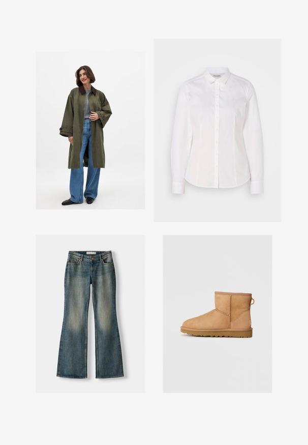 Oliwkowy, oversize'owy płaszcz z brązowym kołnierzem, wykonany z gładkiego materiału. Długie rękawy, otwarty przód, noszony na szarym topie i niebieskich szerokich spodniach.; Biała koszula z długim rękawem, wykonana z gładkiej bawełny, z klasycznym kołnierzykiem i dyskretnym logo na piersi. Posiada zapięcie na guziki z przodu.; Niebieskie dżinsy w fasonie dzwonów z wyblakłym wykończeniem, pięcioma kieszeniami i zapięciem na guzik. Materiał ma fakturę dżinsu z subtelnymi detalami szycia.; Beżowe zamszowe botki za kostkę z okrągłym noskiem, przeszyciami, z pętelką z tyłu i teksturowaną gumową podeszwą. Zaprojektowane z myślą o komforcie i ciepłocie.