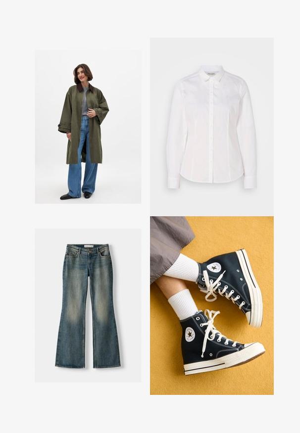 Olive green oversized coat with brown collar, made of a smooth fabric. Long sleeves, open front, worn over a grey top and blue wide-leg jeans.; White button-up shirt made of smooth cotton with a classic collar, long sleeves, and a subtle logo on the chest. Features front button closure.; Blue flared jeans with a faded wash, five pockets, and a button closure. Material shows a denim texture with subtle stitching details.; Black high-top canvas sneakers with white laces and rubber soles, featuring a round Converse All Star logo on the outer side.