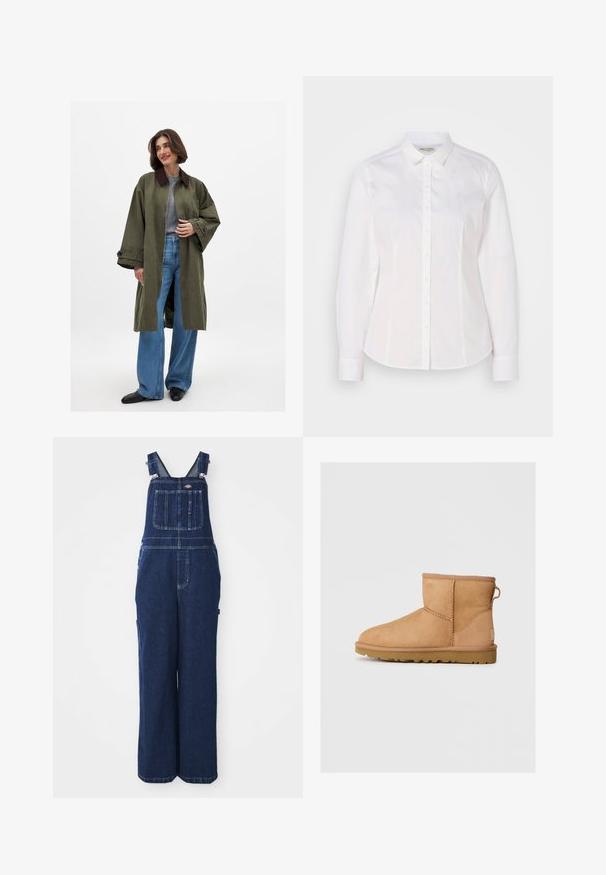 Ylihdas oliivinvihreä takki, jossa on ruskea kaulus, valmistettu sileästä kankaasta. Pitkät hihat, avonainen etuosa, päällä harmaa toppi ja siniset leveälahkeiset farkut.; Valkoinen napillinen paita, joka on valmistettu sileästä puuvillasta, perinteisellä kauluksella, pitkät hihat ja huomaamaton logo rinnassa. Edessä nappikiinnitys.; Tummansiniset farkkuhaalarit, joissa on säädettävät hihnat, rintatasku, sivutaskut ja rento, leveälahkeinen fit. Klassiset tikkaus yksityiskohdat.; Ruskean mokkasandaalit pyöreällä kärjellä, ommelluilla yksityiskohdilla, takana vetotappi ja teksturoidulla kumipohjalla. Suunniteltu mukavuutta ja lämpöä varten.