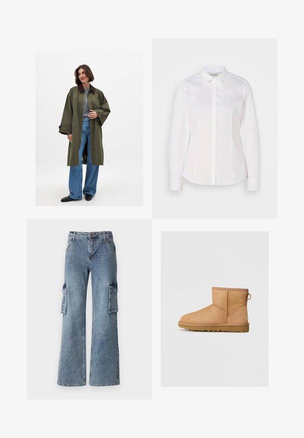 Olive green oversized coat with brown collar, made of a smooth fabric. Long sleeves, open front, worn over a grey top and blue wide-leg jeans.; White button-up shirt made of smooth cotton with a classic collar, long sleeves, and a subtle logo on the chest. Features front button closure.; Wide-leg blue denim cargo pants featuring side pockets, a button closure, and belt loops. The fabric has a light wash with subtle fading.; Tan suede ankle boot with round toe, stitched detailing, pull tab on back, and a textured rubber sole. Designed for comfort and warmth.