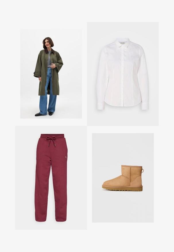 Olivengrüner, oversized Mantel mit braunem Kragen, aus glattem Material gefertigt. Lange Ärmeln, offene Front, getragen über einem grauen Oberteil und blauen, weiten Jeans.; Weißes Button-up-Hemd aus glattem Baumwollstoff mit klassischem Kragen, langen Ärmeln und einem dezenten Logo auf der Brust. Verfügt über eine durchgängige Knopfleiste auf der Vorderseite.; Bordeauxfarbene Jogginghose mit elastischem Bund, verstellbarem Kordelzug, Seitennaht und einem kleinen Logo-Detail am linken Oberschenkel. Aus weichem Baumwollmischgewebe.; Hellbraune Wildleder-Stiefeletten mit runder Zehenpartie, genähten Details, Ziehschlaufe an der Rückseite und einer strukturierten Gummisohle. Entwickelt für Komfort und Wärme.