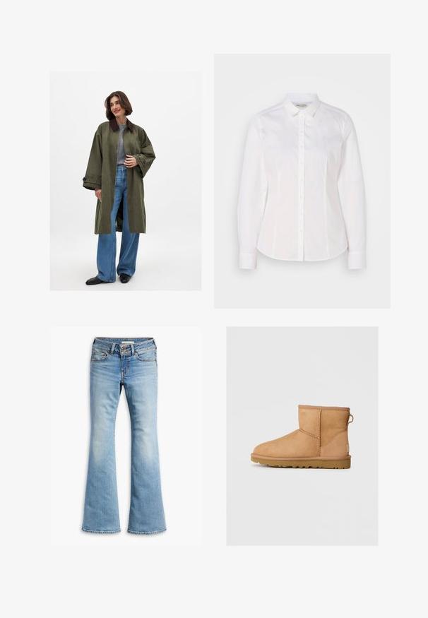 Alyvuogių spalvos per didelis paltas su rudais atlapais, pagamintas iš lygaus audinio. Ilgos rankovės, atviras priekinis uždarymas, dėvimas ant pilkos viršutinės dalies ir mėlynų plačių kelnių.; Balta marškiniai su mygtukais, pagaminti iš lygaus medvilnės, su klasikine apykakle, ilgomis rankovėmis ir subtiliu logotipu ant krūtinės. Su priekiu užsegamais mygtukais.; Šviesiai mėlynos džinsinės kelnės su išplatinta apačia, turinčios mygtuko užsegimą, penkių kišenių dizainą ir šiek tiek išblukusį efektą, suteikiantį dėvėtą išvaizdą.; Tan suede aulinukai iki kulkšnies su apvaliu nosiu, siuvinėtomis detalėmis, užtraukiamu lipduku gale ir tekstūruotu guminėmis padais. Sukurta komfortui ir šilumai.