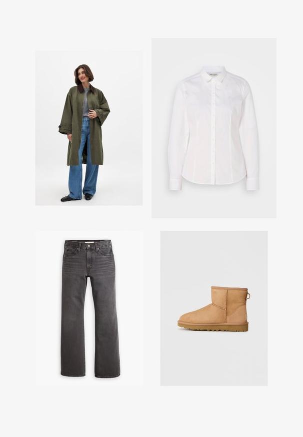 Abrigo oversized verde oliva con cuello marrón, hecho de una tela suave. Mangas largas, con apertura frontal, usado sobre una camiseta gris y unos jeans de pierna ancha azules.; Camisa blanca de botones hecha de algodón suave, con un cuello clásico, mangas largas y un logo sutil en el pecho. Cuenta con cierre frontal de botones.; Jeans de mezclilla gris con corte recto, diseño de cinco bolsillos y herrajes metálicos. Textura suave con un leve desgastado en la parte frontal.; Botín de ante marrón con punta redonda, detalles de costura, tirador en la parte posterior y suela de goma texturizada. Diseñado para comodidad y calidez.