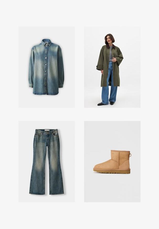 Oliwkowy, oversize'owy płaszcz z brązowym kołnierzem, wykonany z gładkiego materiału. Długie rękawy, otwarty przód, noszony na szarym topie i niebieskich szerokich spodniach.; Niebieska koszula dżinsowa z klasycznym kołnierzykiem, zapięciem na guziki z przodu oraz długimi rękawami o nieco luźnym kroju. Wyblakłe pranie i teksturowana tkanina.; Niebieskie dżinsy w fasonie dzwonów z wyblakłym wykończeniem, pięcioma kieszeniami i zapięciem na guzik. Materiał ma fakturę dżinsu z subtelnymi detalami szycia.; Beżowe zamszowe botki za kostkę z okrągłym noskiem, przeszyciami, z pętelką z tyłu i teksturowaną gumową podeszwą. Zaprojektowane z myślą o komforcie i ciepłocie.