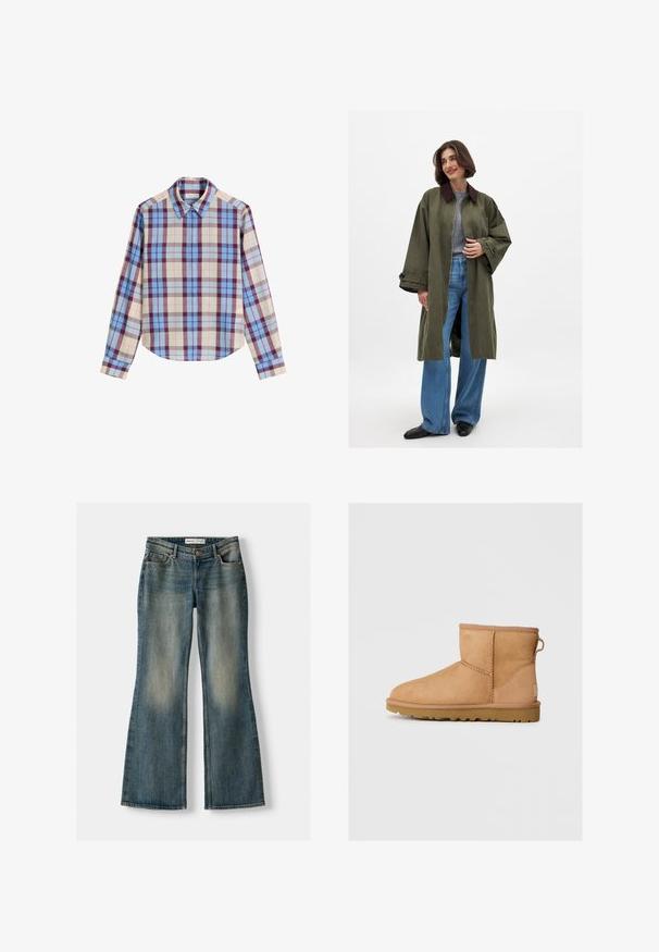 Olive green oversized coat with brown collar, made of a smooth fabric. Long sleeves, open front, worn over a grey top and blue wide-leg jeans.; Long-sleeve shirt featuring a multicolored plaid pattern with shades of blue, burgundy, and beige, made of a smooth fabric. Classic collar.; Blue flared jeans with a faded wash, five pockets, and a button closure. Material shows a denim texture with subtle stitching details.; Tan suede ankle boot with round toe, stitched detailing, pull tab on back, and a textured rubber sole. Designed for comfort and warmth.