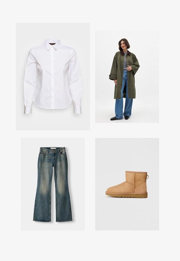Cappotto oversize verde oliva con colletto marrone, realizzato in un tessuto liscio. Maniche lunghe, apertura frontale, indossato sopra un top grigio e jeans a gamba larga blu.; Camicia bianca a maniche lunghe con colletto, chiusura frontale a bottoni e design aderente. Il materiale sembra liscio e leggero.; Jeans flare blu con lavaggio sbiadito, cinque tasche e chiusura con bottone. Il materiale presenta una trama in denim con dettagli di cucitura sottili.; Stivali ankle in suede color tan con punta tonda, dettagli cuciti, linguetta sul retro e suola in gomma texture. Progettati per comfort e calore.
