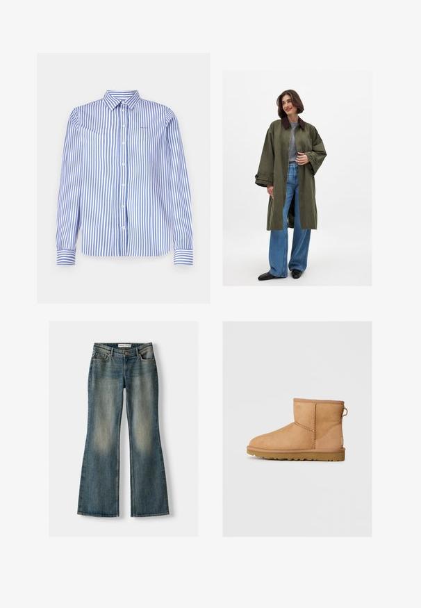 Olive green oversized coat with brown collar, made of a smooth fabric. Long sleeves, open front, worn over a grey top and blue wide-leg jeans.; Blue and white striped long-sleeve button-up shirt with a collar. Features front buttons and contrasting striped cuffs. Cotton material.; Blue flared jeans with a faded wash, five pockets, and a button closure. Material shows a denim texture with subtle stitching details.; Tan suede ankle boot with round toe, stitched detailing, pull tab on back, and a textured rubber sole. Designed for comfort and warmth.