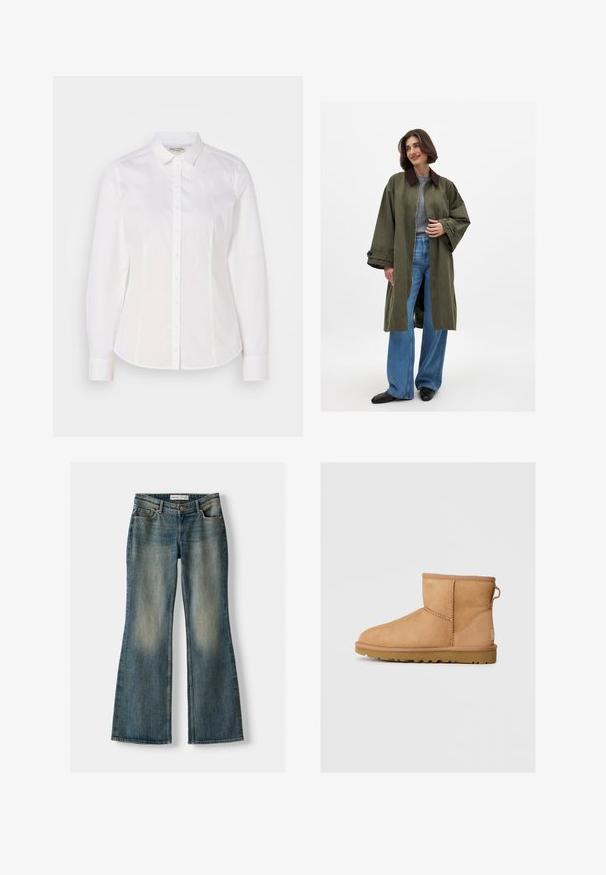 Olivno zelena prevelika plašč s svetlo rjavim ovratnikom, izdelan iz gladkega materiala. Dolgi rokavi, odprta sprednja stran, nošen čez sivo majico in široke modre kavbojke.; Bela srajca s gumbki, izdelana iz gladkega bombaža, z klasikastim ovratnikom, dolgimi rokavi in diskretno logotipom na prsih. Ima sprednje zapiranje z gumbi.; Modre razširjene kavbojke z zbledelim pranjem, petimi žepi in gumbom za zapiranje. Material ima teksturo džinsa z diskretnimi šivi.; Rjav nubuk čevlj z gležnjem s okroglo konico, šivanjem, zanko za pomoč pri oblačenju na hrbtni strani in teksturiranim gumijastim podplatom. Zasnovan za udobje in toplino.